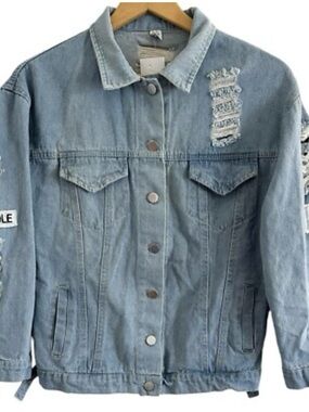 Yin duo online kpop Distressed denim jacket with patches and the graphic sz L.